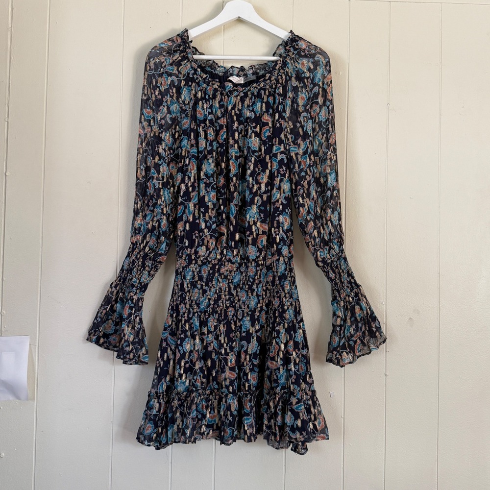 Ramy Brook Womens Boho Floral Metallic Smocked Mini Dress Whimsigoth Size S